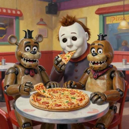 painting of Michael Myers seated at Freddy Fazbear's Pizzeria eating a delicious pizza with Freddy Fazbear, well decorated, tables, happy, charming, typical, picturesque, sharp focus, wide shot, trending on ArtStation, masterpiece, by Greg Rutkowski, by Ross Tran, by Fenghua Zhong, octane, soft render, oil on canvas, colorful, cinematic, environmental concept art