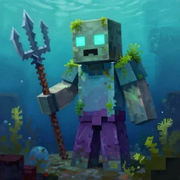 painting by greg rutkowski of a minecraft drowned zombie with glowing cyan eyes, wearing ragged clothing and and algae growing on it, holding a trident, underwater