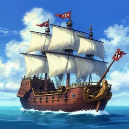 a large pirate ship floating on top of a body of water, pirates flag, cgsociety, fantasy art, 2 d game art, concept art, heavenly lighting, retrowave, behance hd, concept art by jesper ejsing, by rhads, makoto shinkai cyril rolando