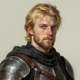 a rugged young knight with blonde hair and blue eyes and a short beard by Greg_Rutkowski, realistic, detailed, masterpiece, ArtStation