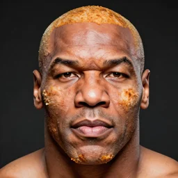a photorealistic portrait of mike tyson's face constructed from chicken cutlets.