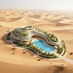 architectural rendering of biophilia building in the desert, biomimetry, pool, garden
