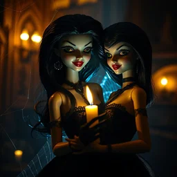 2 8 mm macro closeup old flash photo of a creepy seductive gothic disney whimsical elvira barbie dolls with black hair posing in a haunted mansion at night holding a candle, spider webs, guillermo del toro, hp lovecraft, wes anderson, volumetric lighting, mist, golden hour, ilya kuvshinov, wes craven, greg rutkowski,