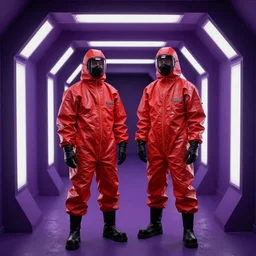 two scientists wearing red rick owens hazmat suits in a purple tunnel of fluorescent lights by frank frazetta