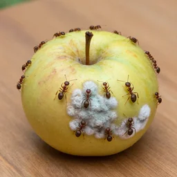 a colony of ants crawling all over a rotten and moldy apple on a wooden table, dslr photo, close up