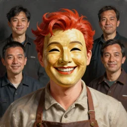 a portrait of the happy mask salesman, grinning, red hair, art by lois van baarle and loish and ross tran and rossdraws and sam yang and samdoesarts and wlop. concept art, smooth, sharp focus, illustration, art by artgerm and greg rutkowski, digital art, highly detailed, intricate, sharp focus, trending on artstation hq