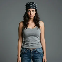 a frontal portrait of a thugish woman, wearing a headscarf, a tank top, and jeans, by donato giancola.