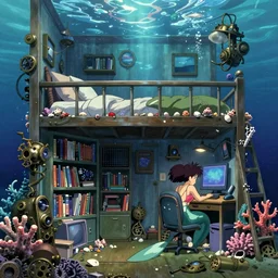 anime background of the interior of an underwater microapartment, a loft bed, book case, computer desk, various coral seashells overtaking it, nostalgia, vaporwave, litter, steampunk, cyberpunk, water caustics, anime, vhs distortion, dynamic shot, cinematic, letterbox, and an overall mermaid aesthetic, art created by miyazaki