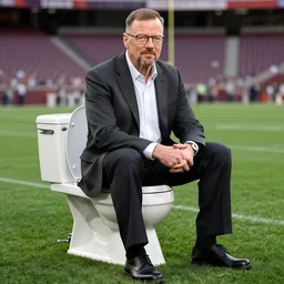 a professional photo of walter white sitting on a toilet in a middle of a football field, fine professional photo