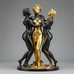 black pearl and gold sculpture of three beautiful sensual unclad black figures embracing each other in ecstasy and climax,