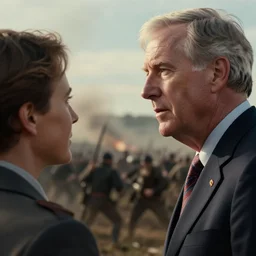 close up cinematic artwork of mitch McConnell staring down the enemy on the battlefield by Greg Rutkowski, 4k, masterpiece