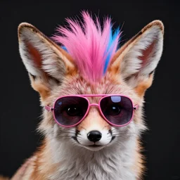 Fennec fox, pink and blue mohawk hairstyle, pink aviator sunglasses, synthwave style, portrait, artstation, detailed, award winning, furry, award winning