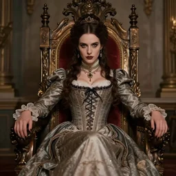 elegant woman with victorian clothes posing with a deadly gaze on her throne, fantasy,