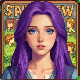 realistic depiction of abigail from stardew valley, purple hair, blue eyes, art by tan zi and artgerm and alphonse mucha and peter mohrbacher