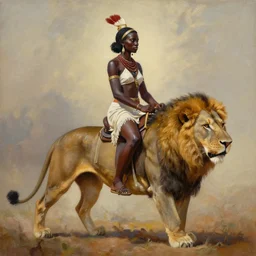 painting of a black female zulu warrior riding a lion, dynamic lighting, realistic, symmetrical, illustration,, in the style of, krenz cushart, artem demura