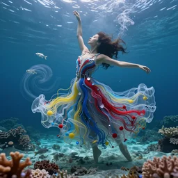 woman dancing underwater wearing a long flowing dress made of many translucent layers of blue and red and yellow circuitry and thin wires, delicate coral sea bottom, swirling silver fish, swirling smoke shapes, unreal engine, caustics lighting from above, cinematic, hyperdetailed