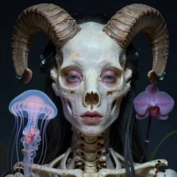 hyperrealism, night background, super zoom, goddess close - up portrait real human skeleton ram skull jellyfish, orchid, artwork by tooth wu and wlop. octane render, trending on artstation, greg rutkowski cinematic, hyper realism, high detail, octane render, 8 k