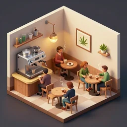 isometric cartoon of funky recreational cannabis cafe area, coffee machine, aluminum sheen, wooden furniture, people drinking coffee and smoking cannabis, tables and chairs, by benoit mandelbrot, low poly cute minimal interior design concept art illustrated by anni albers