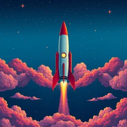 a frontal drawing of a rocket centered with a dark blue background and colorful clouds with stars by takashi murakami, beeple and james jean, aya takano color style, trippy, 8 k, super detailed, night sky, digital art, digital painting, clean