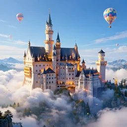 flying cloud castle, buildings, baloons, atmosphere, glow, detailed, full of colour, cinematic lighting, trending on artstation, 4 k, hyperrealistic, extreme details, bright, blue sky, mountains, fantasy, masterpiece, art by wylie beckert