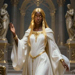 Full portrait of a young Cleric Lady, pearl white robes with golden details, beautiful, detailed face, dark brown skin, supernatural golden eyes, golden straight hair, bracelets, floating, spellcasting, statues and an altar filling the background, SINGLE CHARACTER!, highly detailed, high fantasy, dnd, d&d, dungeons and dragons, smooth, sharp focus, no extra characters, digital illustration, by Krenz Cushart and Artem Demura and alphonse mucha, artstation, HD, 4K, midjourney