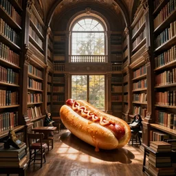 victorian library full of hot dogs instead of books