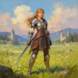 a warrior girl standing on a medieval fantasy meadow landscape, digital art, oil on canvas, by andreas rocha, trending on artstation, 4k wallpaper, vibrant colors