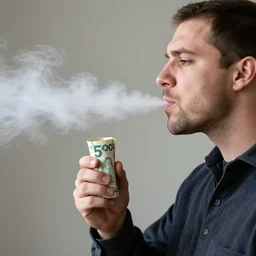 a man snorting a line of white power using a rolled up canadian 5 dollar bill