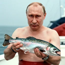 7 0 s movie still of putin in speedo, proudly holding a salmon, focus on face. cinestill 8 0 0 t _ 3 5 mm eastmancolor, heavy grain, high quality, high detail