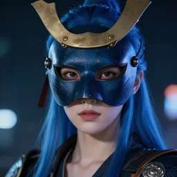 young Asian Cyberpunk woman with blue hair, Close up portrait, wearing a samurai mask, hyperdetailed, artstation, cgsociety, 8k, nighttime