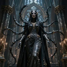 the  faceless priestess of pain and sorrow, gothic cathedral filled with bio-mechanical tendrils, baroque, octane render, glow, surreal dramatic lighting, intricate details and ornaments, 8k, cinematic