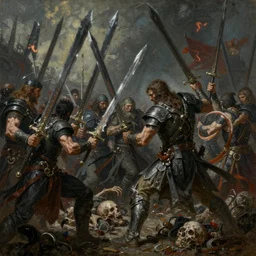 koloss fron mistborn fighting with their giant iron swords, fear, violence, detail, war, death, painting,