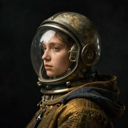 a young woman's face in profile, wearing a glass space helmet and a cloak, in the style of the dutch masters and gregory crewdson, dark and moody