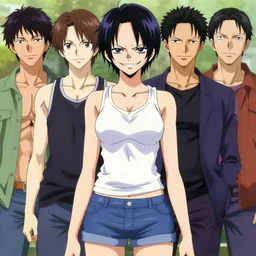 style of madhouse studio anime, rei hiroe, loish, artgerm, joshua middleton, portrait of revy from black lagoon, symmetrical eyes and symmetrical face, jean shorts, white tank top, waist up, sarcastic evil smirk on face, natural lighting