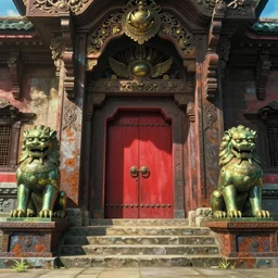 memorable animation key shot of a l winged lion temple, ultra wide, red door, stone steps, symmetrical brass lion statues, giant stee, sunlight, entrance, ornate, rust, art deco, metal rivets, by ghibli, shinji kimura, background art, fantastic architecture, cinematic lighting