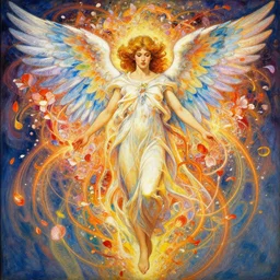 a beautifull intricate painting of a beautifull angel with energy wings surrounded by flowing flower petals, vivid colors, artstation, by jeremy mann, by alphonse mucha, by boris vallejo