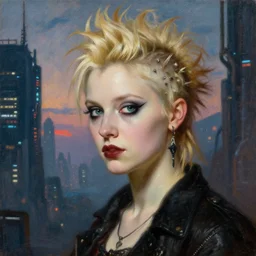 close up portrait of a blonde punk goth girl in a cyberpunk futuristic city at dusk, oil painting by canaletto hieronymus bosh leonardo da vinci piero della francesca
