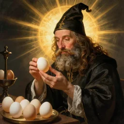 wizard examining eggs, Hieronymus Bosch