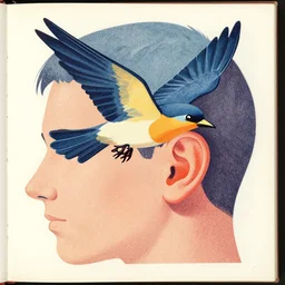 stipple shaded illustration of a bird flying into a human ear, by ilya kuvshinov, anatomy book, retro flat colors, retrofuturism