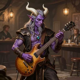 tiefling bard with white horns on his head, purple skin, he is playing a heavy Metal song. the background is a friendly tavern. The mood is friendly and welcoming. dungeons and dragons, highly detailed, digital painting, artstation, concept art, sharp focus, illustration, art by Leonardo da Vinci and Michelangelo and Botticelli