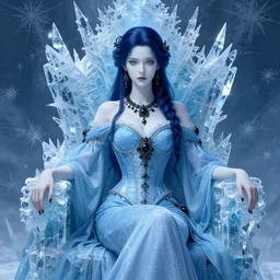 portrait of a steampunk ice lady, elegant corset, pale white skin, sky - blue dress, robes, black jewerly, dark blue hair, sitting on ice throne, beautiful fractal ice background, ornamental, highly detailed, detailed face, smooth, sharp focus, digital painting, by artgerm and greg rutkowski and alphonse mucha