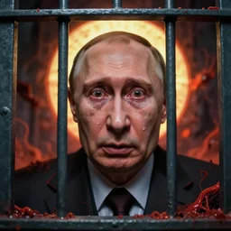 shocked face of putin with tears in cage, hell, hyper - realistic, sharp focus, depth of field, hyper - detailed visionary art, symmetric, hell, holy halo, dramatic ambient lighting, high detail, vibrant colors, the thing 1 9 8 2, judgment day, apocalypse