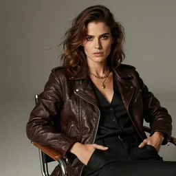 woman with brown hair sitting in a chair wearing a leather jacket and a golden necklace, in the style of charlie bowater, hyperrealistic, dynamic lighting