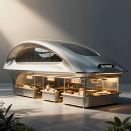 A hawker centre in the style of Syd Mead