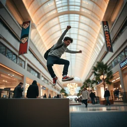 practicing parkour in the mall of america, telephoto lens