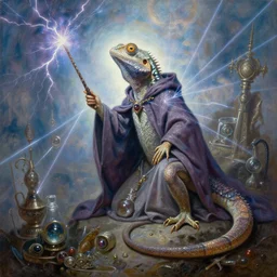 portrait oil painting, an ethereal lizard, wearing a wizard cloak, holding a magic wand, lightning, laser light show, ultra realistic, wide angle, intricate details, artifacts, luminous skies, highly detailed, michael cheval, peter mohrbacher, boris vallejo, jessica rossier, oil painting, highly detailed, cinematic lighting
