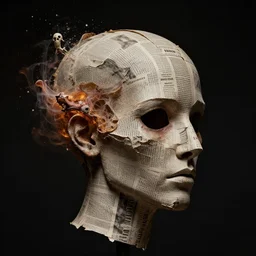a dark high quality studio portrait of an exploding human head made from antique newspaper, intricate, morbid, dark cinematic lighting, surreal photography, style by ashley wood