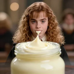 hermione granger eats a whole jar of mayonnaise, bokeh, camcorder effect, macro, shutter speed 1 / 1 0 0 0, vignette, ray tracing reflections