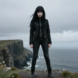 1 7 - year - old pale - skinned persian girl with black long bob cut, long bangs, black gothic jacket, black jeans, psychic girl, psychokinetic girl, standing on cliff along the irish coast, overcast gray skies, ultra - realistic, sharp details, subsurface scattering, intricate details, art by william - adolphe bouguereau