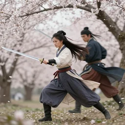 a young woman sword fighter in 16th century china fighting in a whirlwind of sakura blossoms by ross tran and peter morbacher